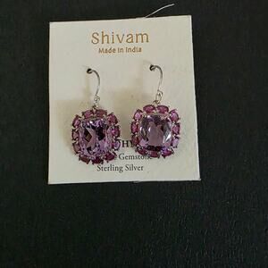 New purple amethyst round gem sterling silver earrings
